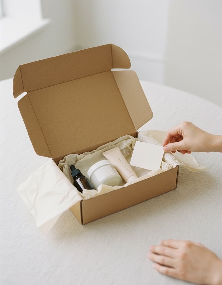 An open mailer box lined with tissue paper holding a dropper bottle, a jar and a tube, as a hand tucks in a card