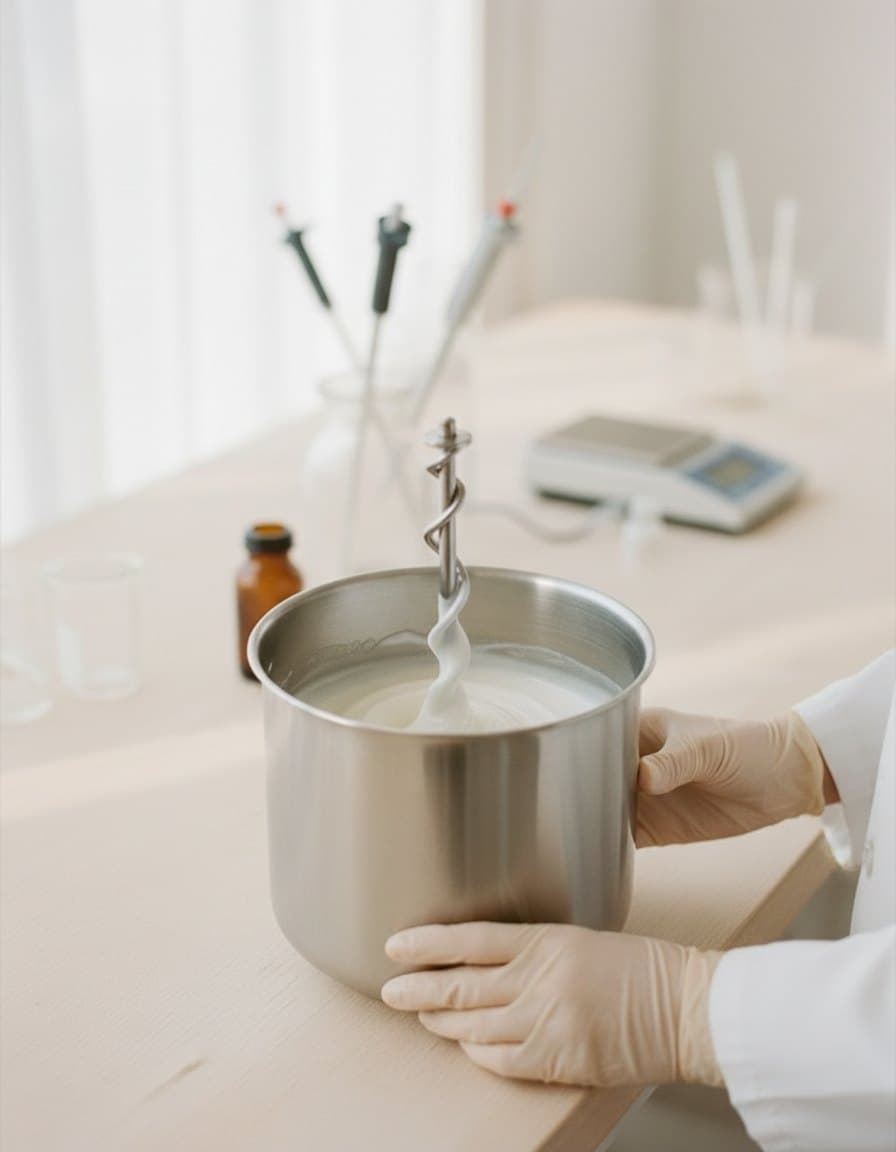 Thick white cream turning in a steel mixing vessel on a workbench
