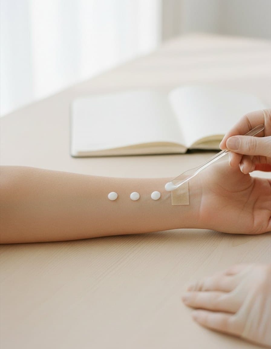 Three dabs of cream in a row on an inner forearm during a patch test