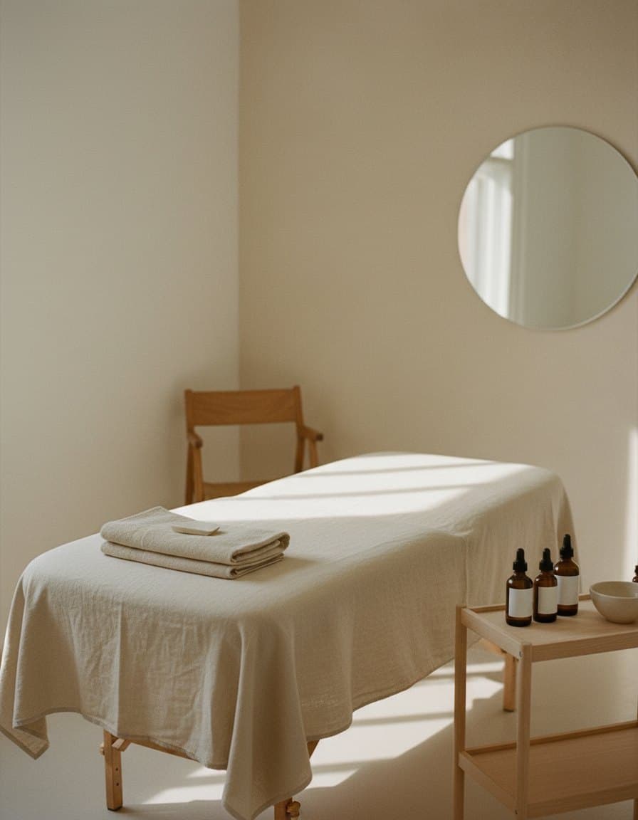 An empty treatment room with a facial bed, folded linen towels and a trolley of glass bottles