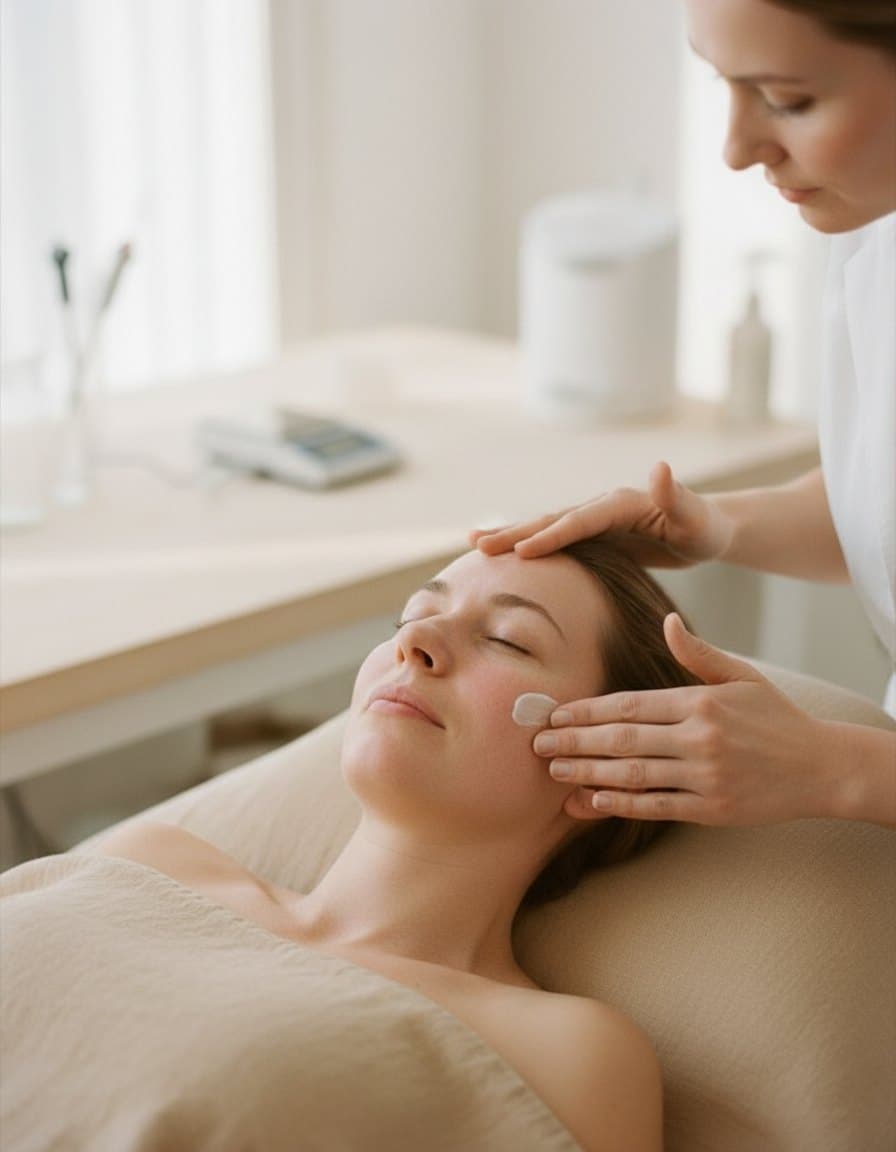 An esthetician pressing cream into a client's cheek on a facial bed