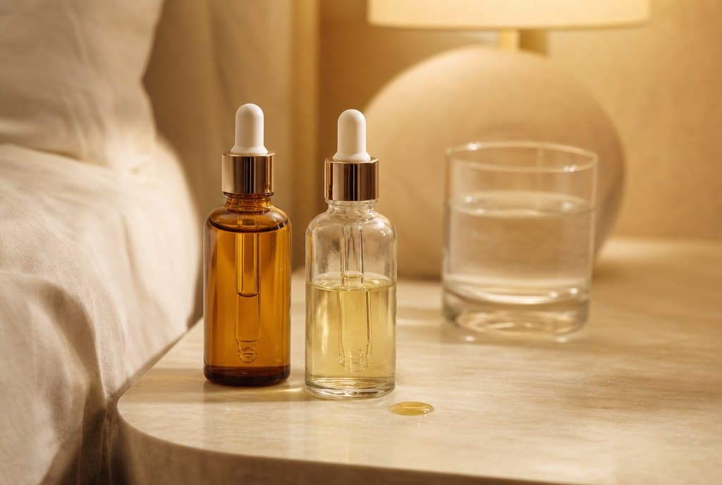 An amber and a clear dropper bottle on a bedside table in lamp light