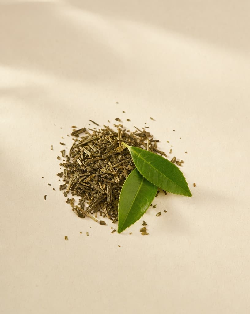 Loose green tea beside two fresh tea leaves