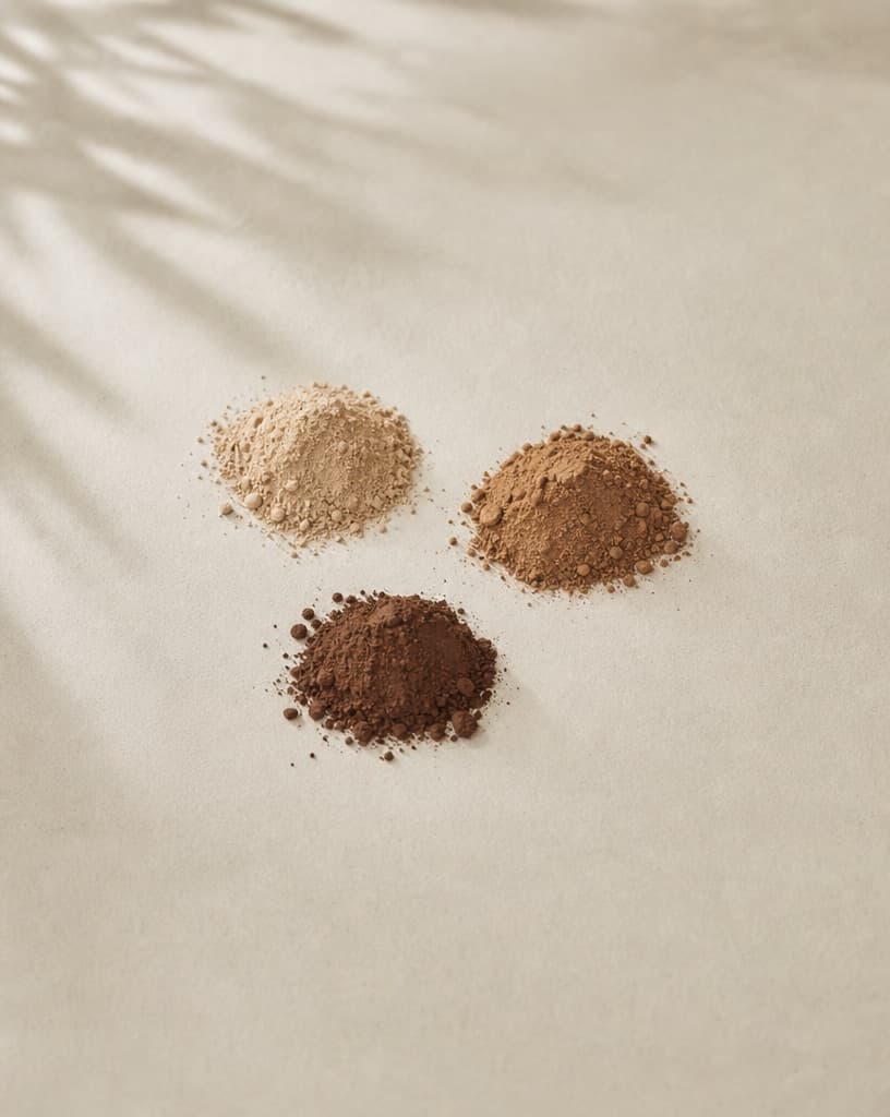 Three mounds of pigment from beige to brown