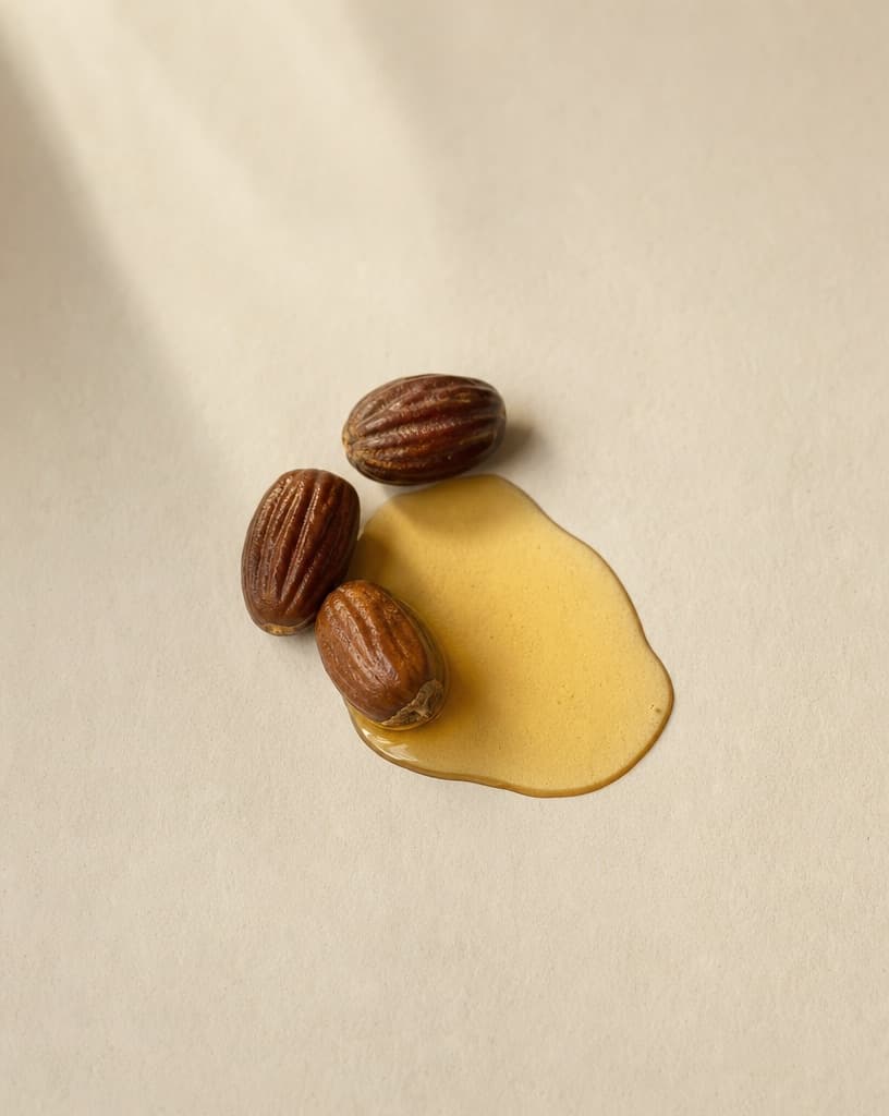 Jojoba seeds beside a pool of golden oil
