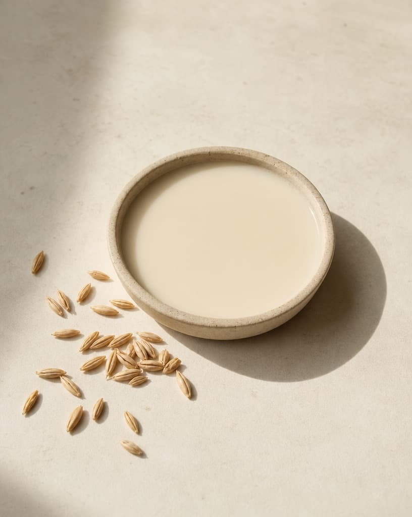 A dish of oat milk with whole oat grains