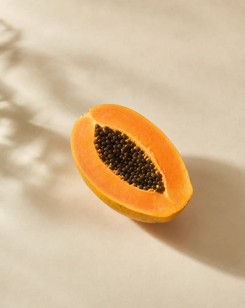 Half a papaya with its seeds showing