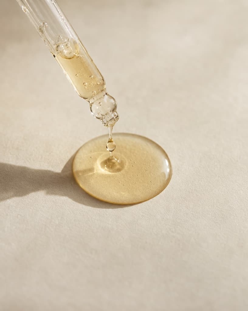 A dropper releasing one drop of gold serum