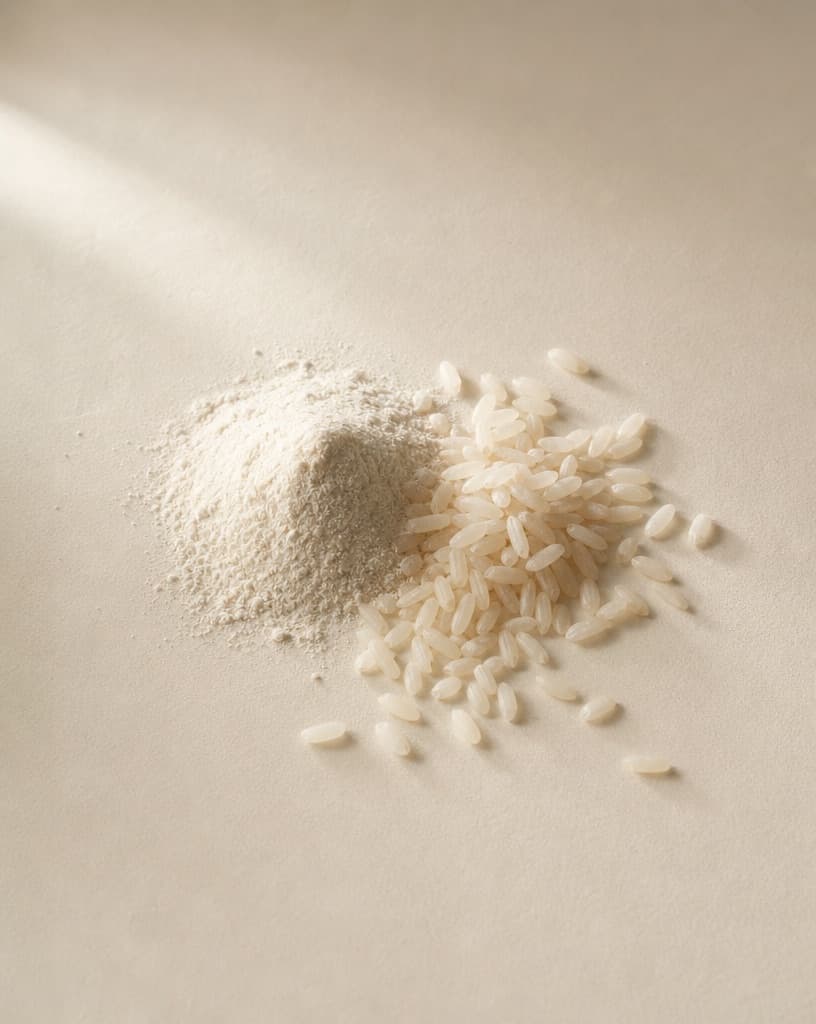 Fine rice powder beside raw rice grains