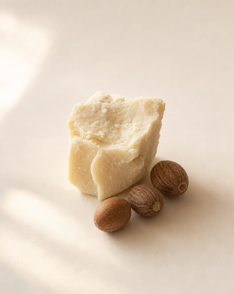 A block of raw shea butter with shea nuts