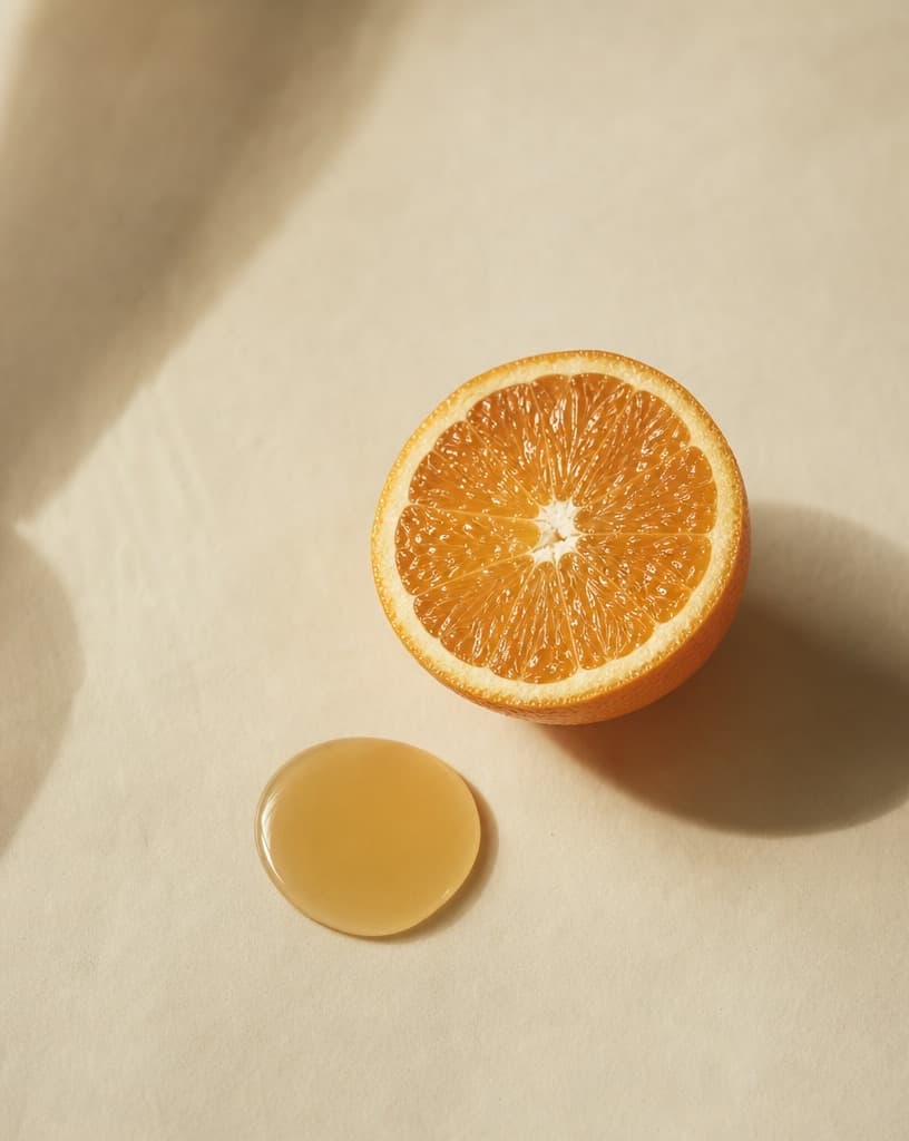 Half an orange beside a drop of amber serum