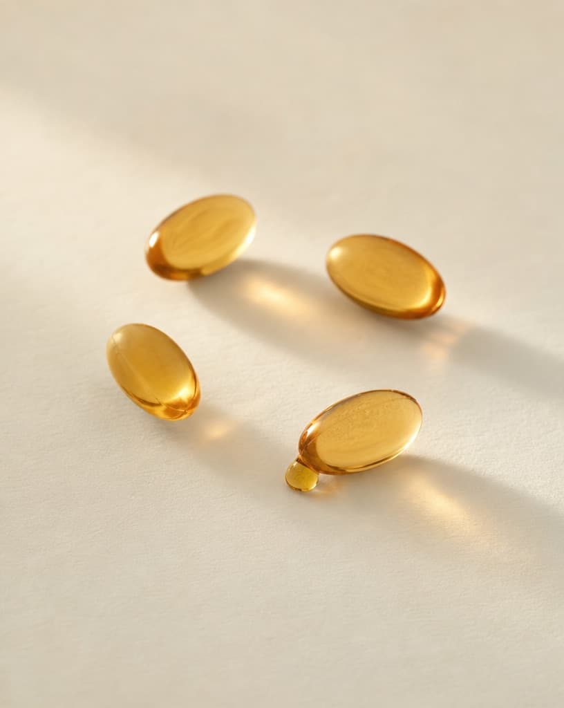 Amber vitamin E capsules, one leaking oil
