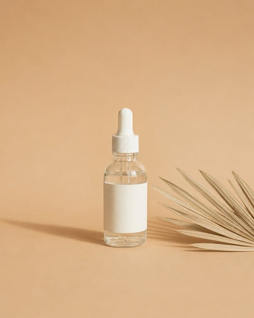 Clear glass dropper bottle of Hyaluronic Serum beside a dried palm leaf