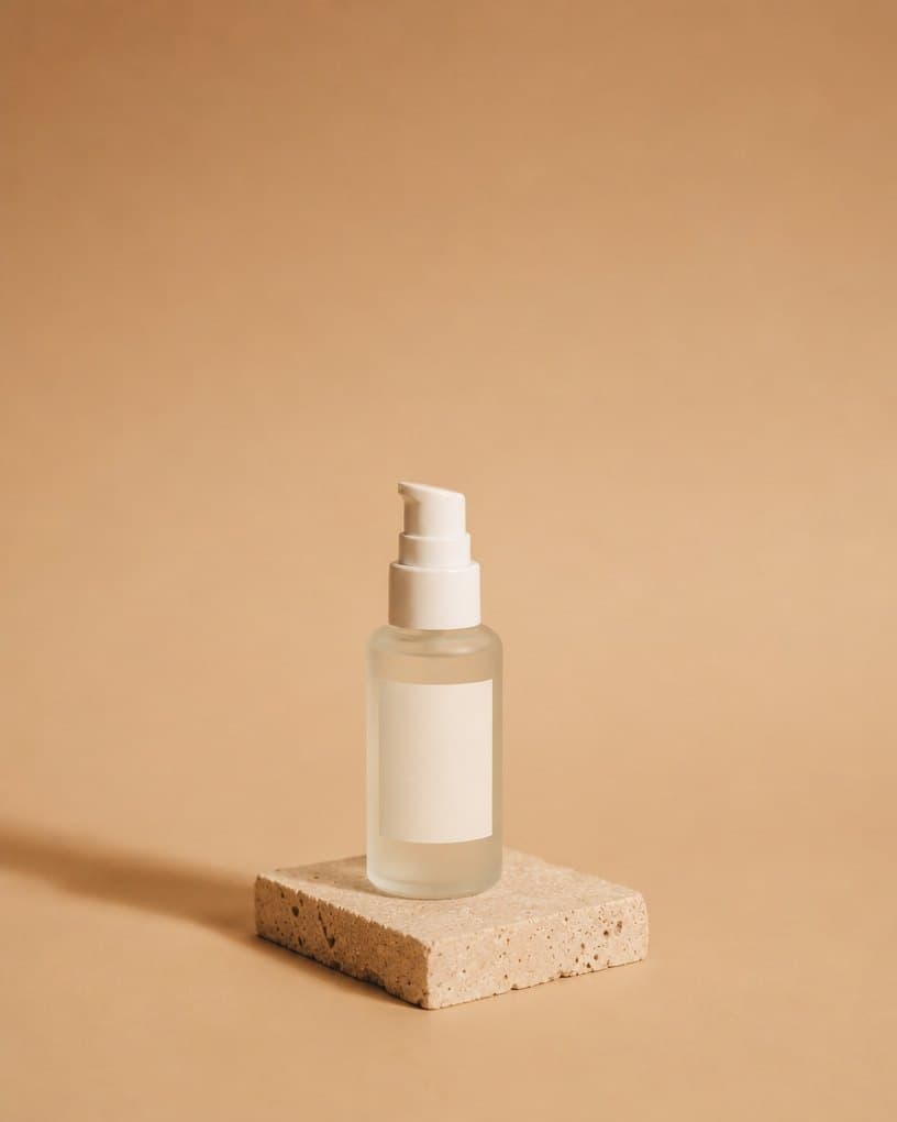 Frosted glass pump bottle of Niacinamide Serum on a stone plinth