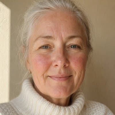 Woman in her sixties with silver hair pulled back and a flush on her cheeks, in a white turtleneck